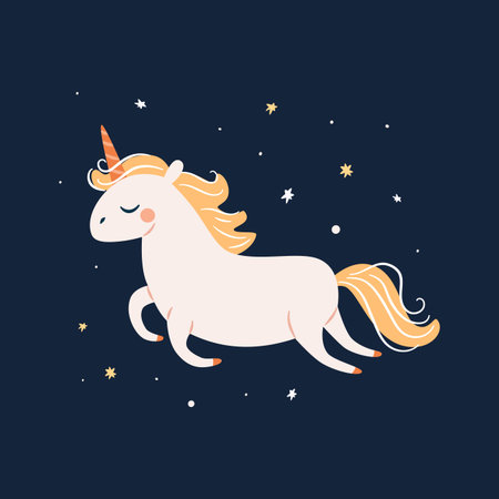 A cute unicorn flies through the night sky, surrounded by stars, dreams, and fantasies, in a simple, childlike flat vector illustration. . Vector illustrationのイラスト素材