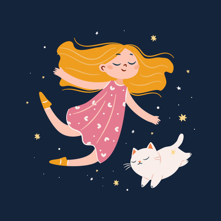 A cute girl in pajamas flies through the night sky, a cat flies nearby, surrounded by stars, dreams, and fantasies, a flat vector illustration in a simple childrens style. Vector illustrationのイラスト素材