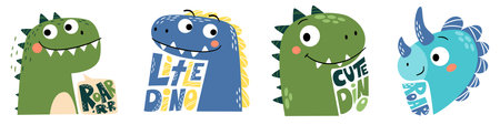 A collection of cute dinosaur faces, speech bubble, and roar inscription. Flat vector illustration for printing on childrens products. Vector illustrationのイラスト素材
