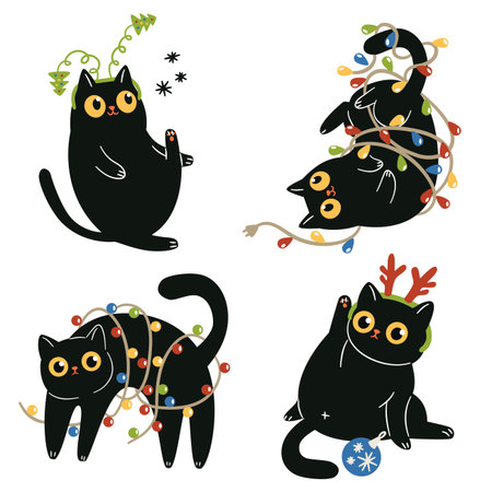 A set of flat vector illustrations in a simple style. Cute black cats wearing Santa Claus hats and tangled up in New Years garlands in various poses on a white background. . Vector illustrationのイラスト素材