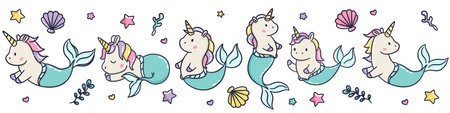 A set of vector illustrations in kawaii style. Cute white unicorns with fish tails, mermaids, seashells, and stars. . Vector illustrationのイラスト素材