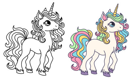 Childrens coloring book, black and white and colored versions. Cute unicorn pony with a beautiful long mane. Vector illustrationのイラスト素材