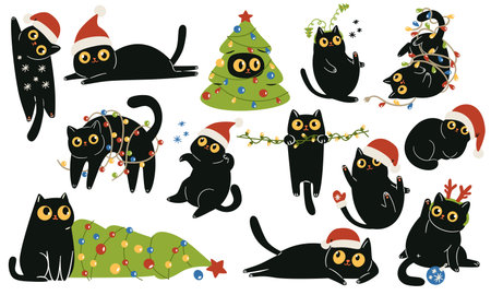 A set of flat vector illustrations in a simple style. Cute black cats wearing Santa Claus hats and tangled up in New Years garlands in various poses on a white background. . Vector illustrationのイラスト素材
