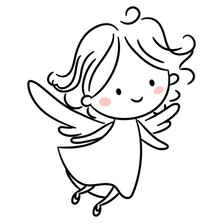 A cute line illustration on a white background with pink cheeks. A little flying angel. . Vector illustrationのイラスト素材