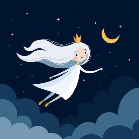 A lovely princess flies among the stars and the moon. Long white hair and a white dress. Dreams and fantasies, flat vector illustration in a simple childrens style. . Vector illustrationのイラスト素材