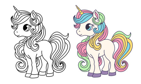 Childrens coloring book, black and white and colored versions. Cute unicorn pony with a beautiful long mane. Vector illustrationのイラスト素材