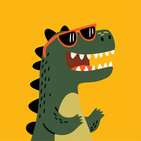 A cute dinosaur face wearing sunglasses and smiling broadly. Print for childrens products. Flat vector illustration. Vector illustrationのイラスト素材