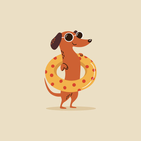 A cute dachshund stands on two legs wearing sunglasses and holding an inflatable swimming ring. Flat vector illustration in a simple childrens style. . Vector illustrationのイラスト素材