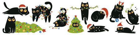 A set of flat vector illustrations in a simple style. Cute black cats wearing Santa Claus hats and tangled up in New Years garlands in various poses on a white background. . Vector illustrationのイラスト素材