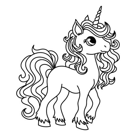 Childrens coloring book, black and white. Cute unicorn pony with a beautiful long mane. Vector illustrationのイラスト素材