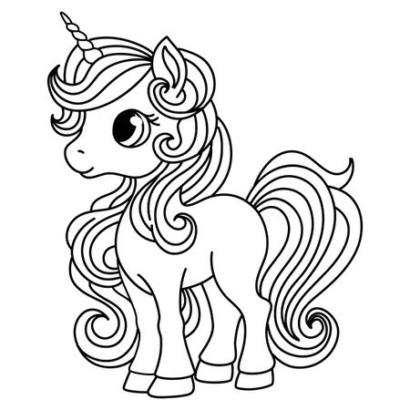 Childrens coloring book, black and white. Cute unicorn pony with a beautiful long mane. Vector illustrationのイラスト素材