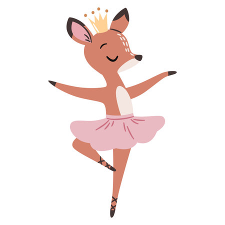 Flat vector illustration in a simple childrens style on a white background. A cute deer in a ballet tutu dances ballet. . Vector illustrationのイラスト素材