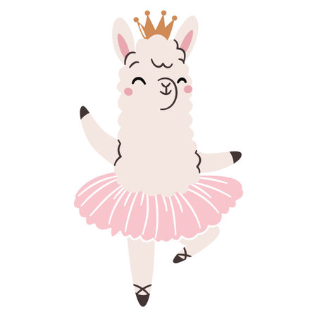 Flat vector illustration in a simple childrens style on a white background. A cute llama in a ballet tutu is dancing ballet. . Vector illustrationのイラスト素材