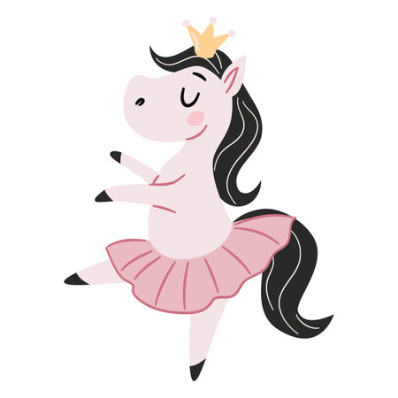 Flat vector illustration in a simple childrens style on a white background. A cute horse in a ballet tutu is dancing ballet. . Vector illustrationのイラスト素材