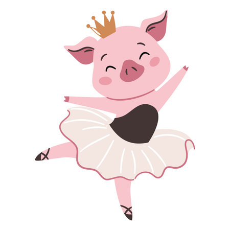 Flat vector illustration in a simple childrens style on a white background. A cute pig in a ballet tutu is dancing ballet. . Vector illustrationのイラスト素材