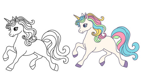 Childrens coloring book, black and white and colored versions. Cute unicorn pony with a beautiful long mane. Vector illustrationのイラスト素材