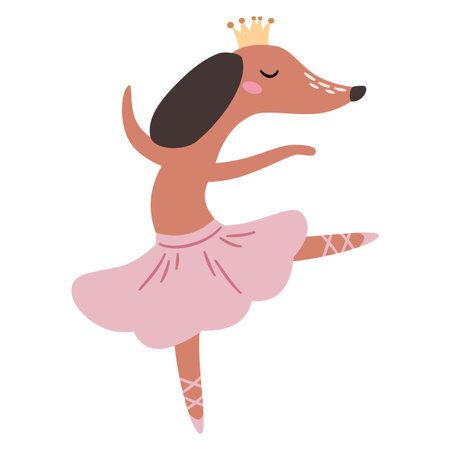 Flat vector illustration in a simple childrens style on a white background. A cute dachshund in a ballet tutu is dancing ballet. . Vector illustrationのイラスト素材