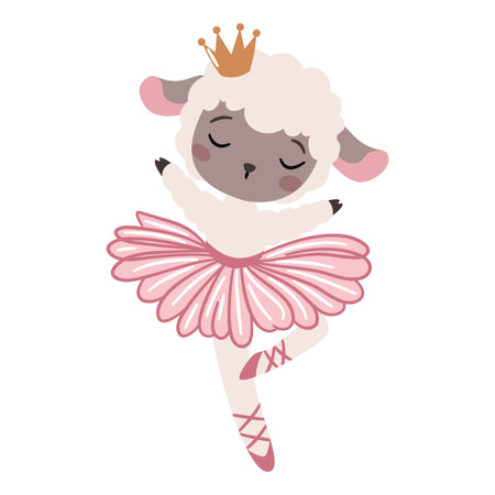 Flat vector illustration in a simple childrens style on a white background. A cute sheep in a ballet tutu is dancing ballet. . Vector illustrationのイラスト素材