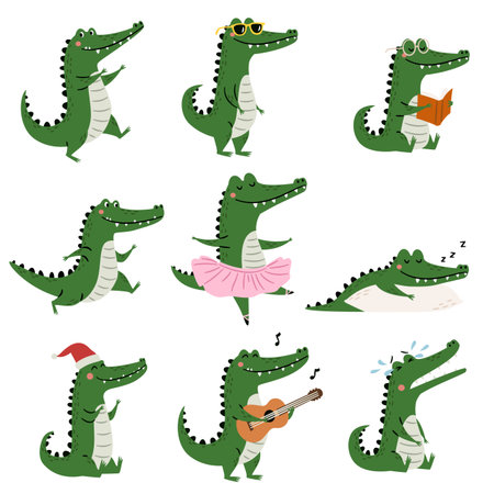 A set of flat vector illustrations in a simple childrens style. Cute crocodiles in different poses and with different emotions on a white background. . Vector illustrationのイラスト素材