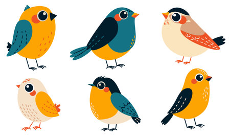 A set of vector illustrations on a white background. Cute bright birds with big eyes. . Vector illustrationのイラスト素材