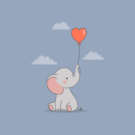 A cute baby elephant sits holding a heart-shaped balloon and clouds. Flat vector illustration. . Vector illustrationのイラスト素材