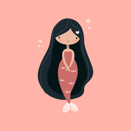 Cute mermaid with long black hair, naive art. Flat vector illustration . Vector illustrationのイラスト素材