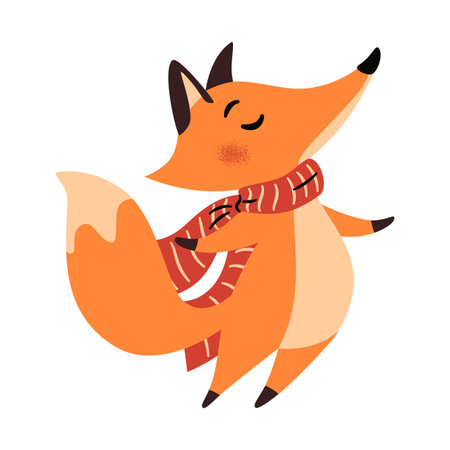 A cute fox wearing a scarf stands on two legs. Flat vector illustration on a white background. . Vector illustrationのイラスト素材