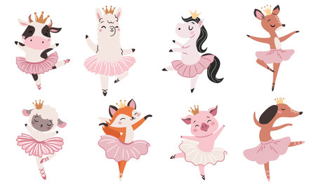 A set of flat vector illustrations in a simple childrens style. Cute animals in ballet tutus are dancing ballet. A sheep dog cow horse deer pig fox and llama. Vector illustrationのイラスト素材