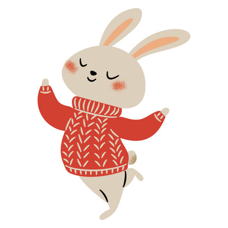 A cute rabbit in a sweater stands on two legs. Flat vector illustration on a white background. . Vector illustrationのイラスト素材
