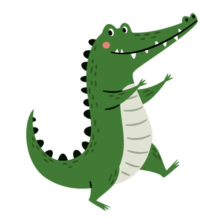 Cute crocodile on a white background. Flat vector illustration in a simple childrens style. . Vector illustrationのイラスト素材