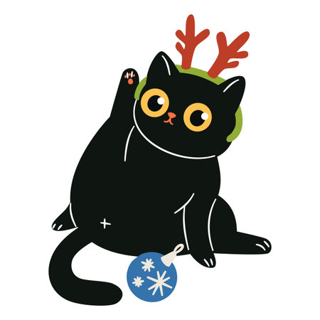 A cute black cat wearing New Years deer antlers on its head is washing itself. A flat vector illustration in a simple childrens style. . Vector illustrationのイラスト素材