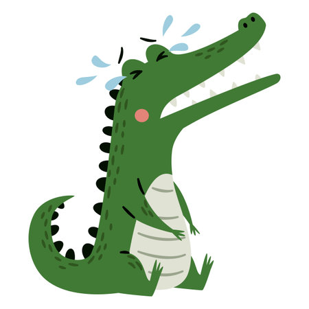 A cute crocodile is crying. A flat vector illustration in a simple childrens style. . Vector illustrationのイラスト素材