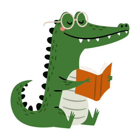 A cute crocodile on a white background is reading a book. A flat vector illustration in a simple childrens style. . Vector illustrationのイラスト素材
