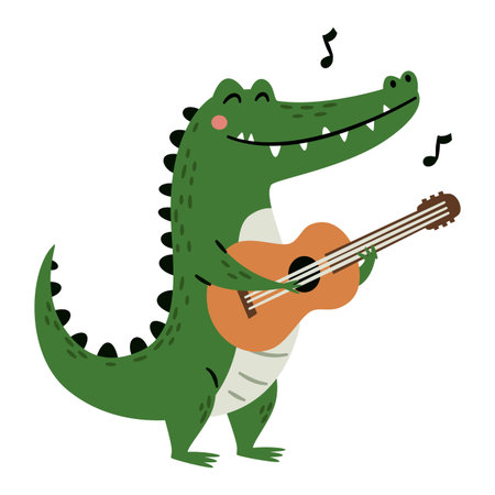 A cute crocodile plays the guitar. A flat vector illustration in a simple childrens style. . Vector illustrationのイラスト素材