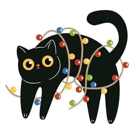 A cute black cat got tangled up in a garland. A flat vector illustration in a simple childrens style. . Vector illustrationのイラスト素材