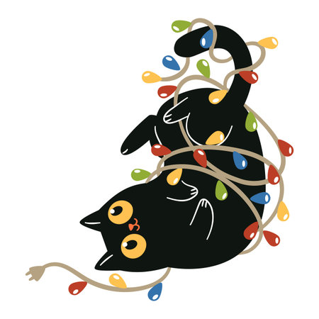 A cute black cat got tangled up in a garland. A flat vector illustration in a simple childrens style. . Vector illustrationのイラスト素材