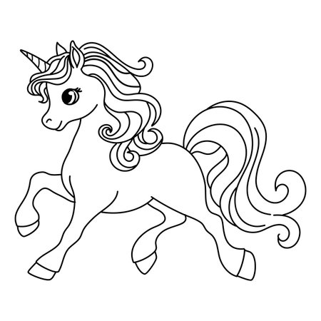 Childrens coloring book, black and white. Cute unicorn pony with a beautiful long mane. Vector illustrationのイラスト素材