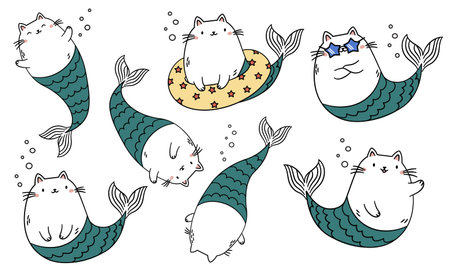 A set of vector illustrations in a linear childrens style. Cute funny mermaid cats in different poses. Vector illustrationのイラスト素材