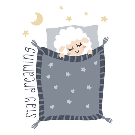 A cute sheep sleeps under a blanket on a pillow, with stars and the moon nearby and the inscription stay dreaming. Flat vector illustration. . Vector illustrationのイラスト素材