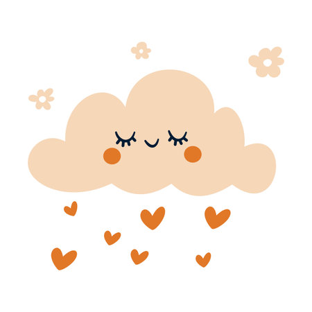 A cute cloud with a smile and closed eyes, daisies, and rain falling from a heart. Flat vector illustration. . Vector illustrationのイラスト素材