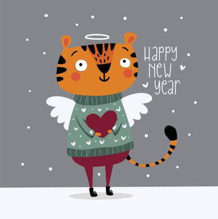 Cute New Years card template. A cute angel kitten with wings and a sweater is holding a heart, surrounded by snow and a Happy New Year inscription. . Vector illustrationのイラスト素材