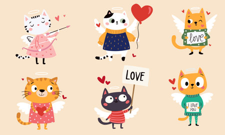A set of cute vector illustrations in a simple childrens style. Cute angelic cupid cats in cute clothes with bows and arrows and signs in their paws. Vector illustrationのイラスト素材
