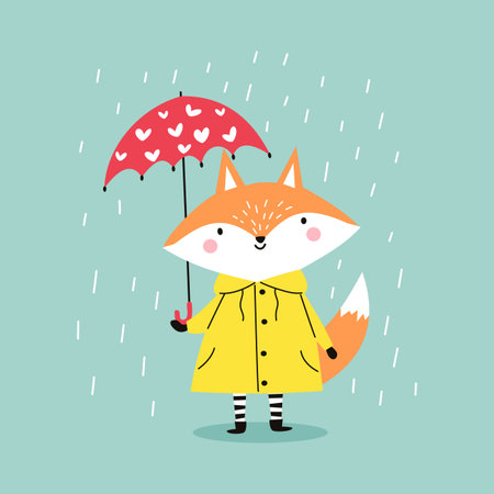 Cute flat vector illustration. A cute fox cub in a yellow raincoat stands in the rain with an umbrella with hearts on it. Vector illustrationのイラスト素材