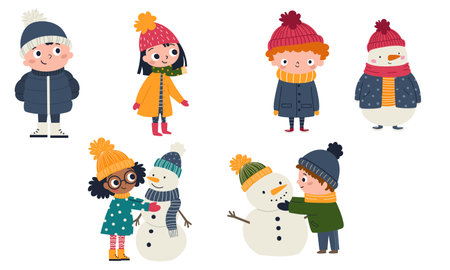 Cute children in winter clothes building snowmen, boys and girls. A set of flat vector illustrations. . Vector illustrationのイラスト素材