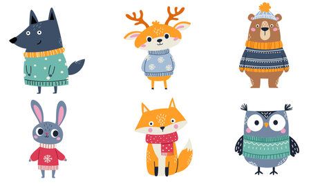 Cute animals in winter sweaters, hats, and scarves: a fox, a bear, a wolf, a deer, a hare, and an owl. A set of flat vector illustrations on a white background. . Vector illustrationのイラスト素材