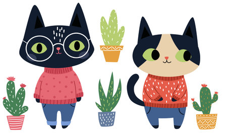 A collection of cute cats wearing human clothes, sweaters, and jeans. Cozy illustrations with houseplants and cacti. Vector illustrations on a white background. . Vector illustrationのイラスト素材