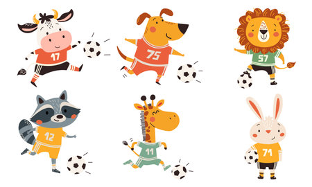 Cute animals playing soccer: a dog, cow, rabbit, raccoon, giraffe, and lion in soccer uniforms. Cute vector illustrations on a white background in a simple style. . Vector illustrationのイラスト素材