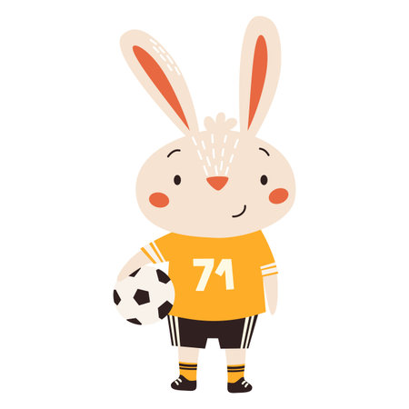 Flat vector illustration in childrens style. Cute bunny in soccer uniform playing soccer. Vector illustrationのイラスト素材