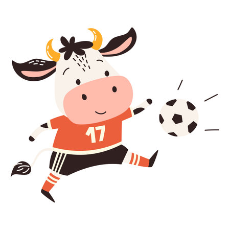 A cute cow playing soccer in a soccer uniform. Vector illustration in a simple childrens style, white background. Vector illustrationのイラスト素材