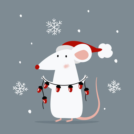 A cute mouse wearing a Santa Claus hat is holding New Years garland made of light bulbs, surrounded by snow and a gray background. Flat vector illustration. . Vector illustrationのイラスト素材